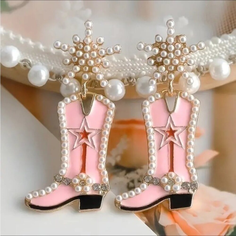Cowboy Cowgirl Beaded Boots Dangle Earrings with Faux Pearl Rodeo Maximalist